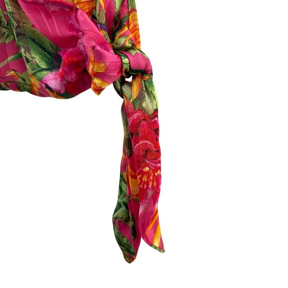 Cupcakes and Cashmere Hot Pink Metallic Detail Tropical Floral Faux Wrap Top S - Picture 4 of 9